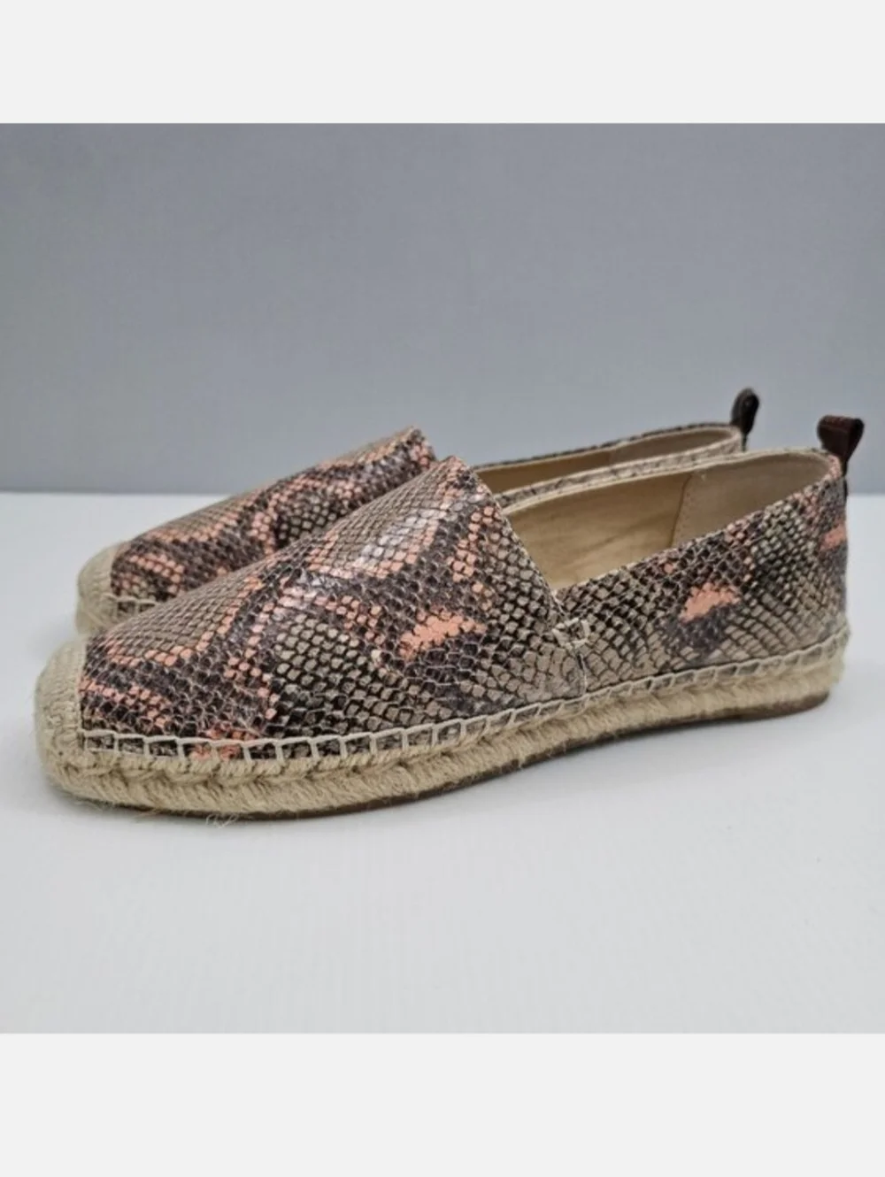 Sam Edelman Khloe Espadrille Flat Womens 8 Peach Snake Print Leather Slip On NEW